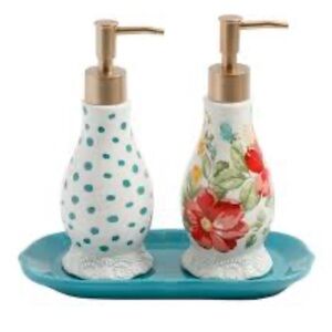 Pioneer Woman Vintage Floral Soap & Lotion Dispenser W/Tray